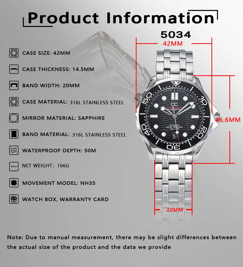 DWAYNE CAMPBELL Reloj mecánico automático de lujo para hombre NH35, bisel de cerámica, resistente al agua, reloj de pulsera clásico de negocios
