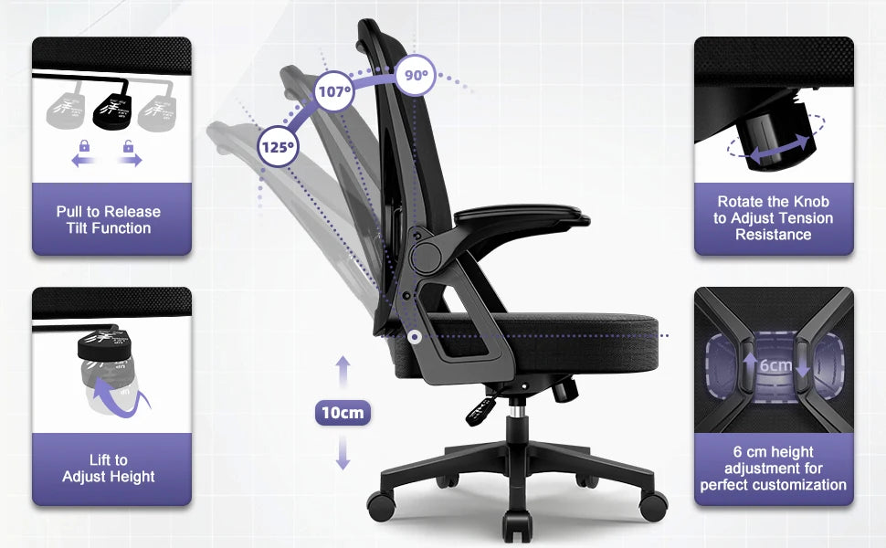 AUTHMIC Ergonomic Office Chair Mesh Back Lumbar Support Flip-Up Armrests Reclining Adjustable Height for Home Office Desk Work