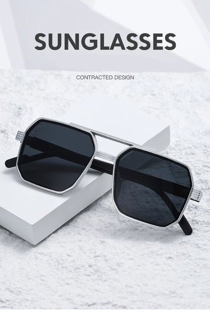 2pcs Trendy Metal Polygonal Pilot Women Sunglasses Luxury Double Beam Men Sunglass Outdoor Driving Shade Sunglasses Unisex UV400
