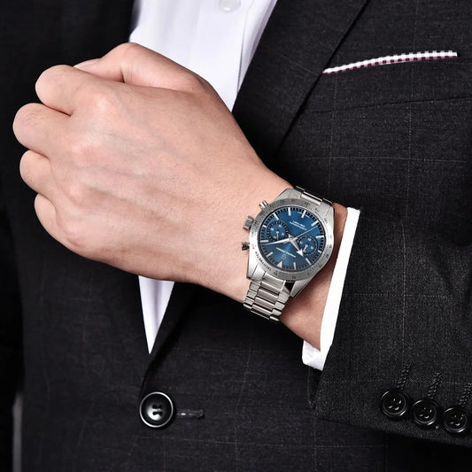 PAGANI DESIGN – Relógio de homem «Moon» com ponteiros largos, cronógrafo desportivo retro a quartzo, vidro de safira com tratamento antirreflexo (AR), calibre VK64