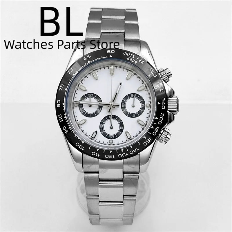 BLIGER 39mm VK63 Men's Quartz Chronograph Watch Ceramic Brown Insert Ice Blue Dial With C3 Luminous Sapphire Crystal Waterproof