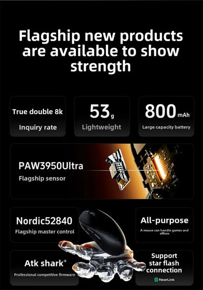 Ratón gaming inalámbrico Bluetooth ATK Dragonfly A9, diseño ergonómico, respuesta rápida, PAW3950 Ultra, 800mAh, ligero, 8KHz, esports