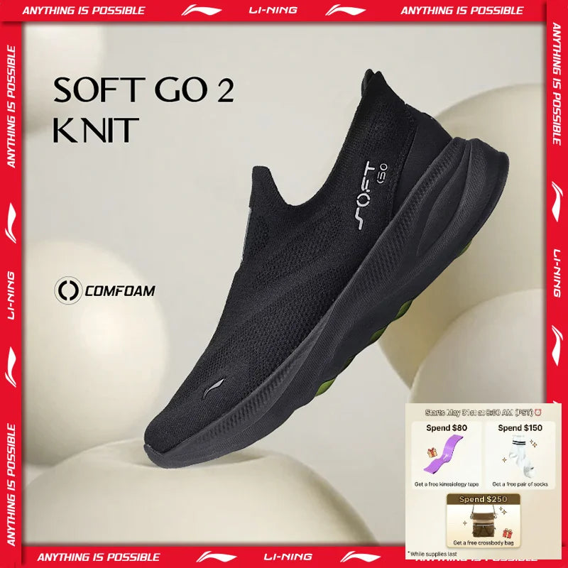 Pánske nazúvacie voľnočasové vychádzkové topánky Li-Ning SOFT GO 2 KNIT – tlmené, pohodlné a stabilné sieťované športové tenisky LiNing na beh a každodenné nosenie AGLV017