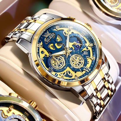 OLEVS Herrenuhr – Luxusmodell, wasserdicht, Quarzwerk, Skelett-Design, 24-Stunden-Anzeige (Tag/Nacht), goldfarben