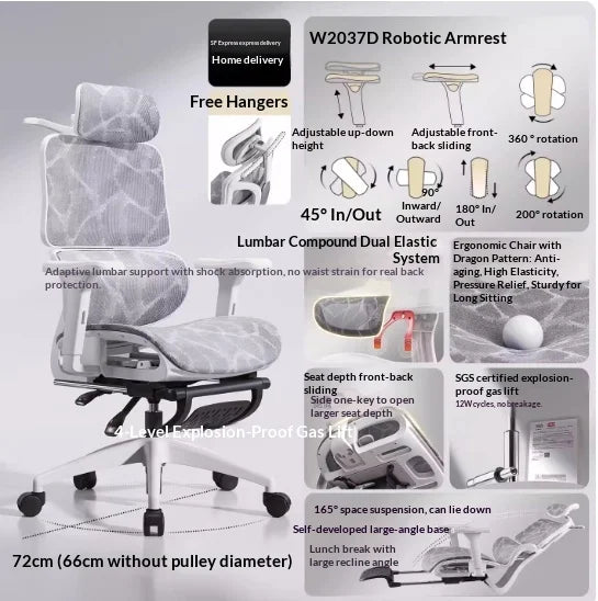 Sedia da ufficio in rete ergonomica con supporto lombare regolabile, girevole e reclinabile, poggiatesta, ruote, per home office e gaming