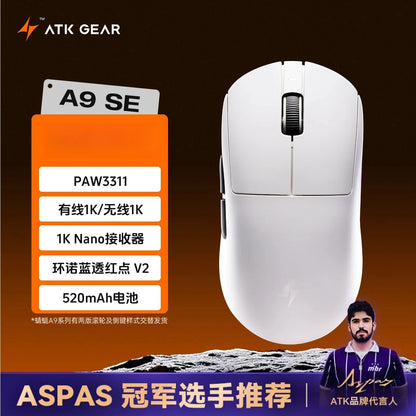 Ratón gaming inalámbrico Bluetooth ATK Dragonfly A9, diseño ergonómico, respuesta rápida, PAW3950 Ultra, 800mAh, ligero, 8KHz, esports