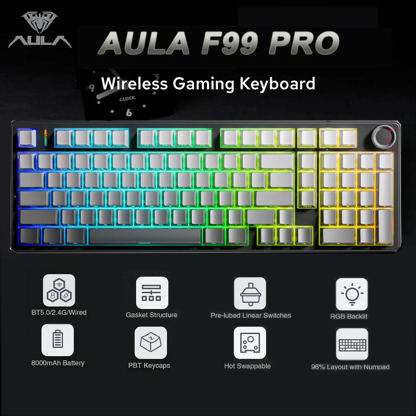 AULA F99 Pro E-Sports-Gaming-Tastatur, mechanisch, Tri-Mode, RGB, Hot-Swappable, 96 %, PBT, anpassbar, kabellos, mit Media-Knob