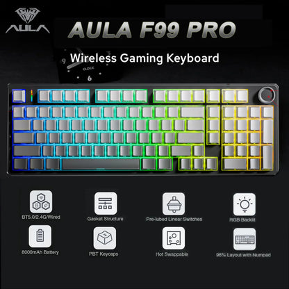 AULA F99 Pro E-Sports-Gaming-Tastatur, mechanisch, Tri-Mode, RGB, Hot-Swappable, 96 %, PBT, anpassbar, kabellos, mit Media-Knob