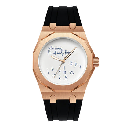 Montre pour homme de luxe avec boîtier octogonal et bracelet en silicone, étanche, dotée d'un cadran arborant le slogan humoristique « Who Cares I'm Already Late » (Et puis quoi, je suis déjà en retard).