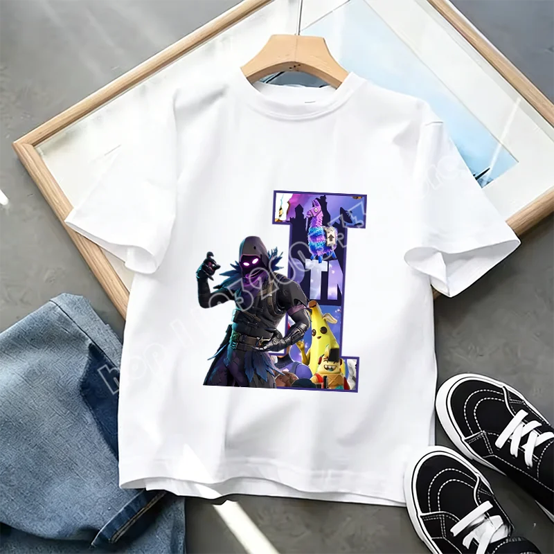 Тениска Fortnite A-Z Alphabet Print за деца, лятна бяла дреха, популярна тениска с анимационна игра, модерен ежедневен топ с къс ръкав, подарък