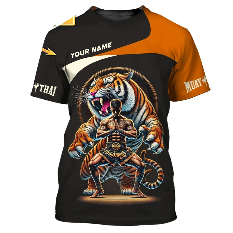 Cool ny Muay Thai-grafisk T-shirt til mænd, 3D-print med tiger- og dragemotiv, personlighed, tilpasset navn, T-shirt til sommer, træning og fitness
