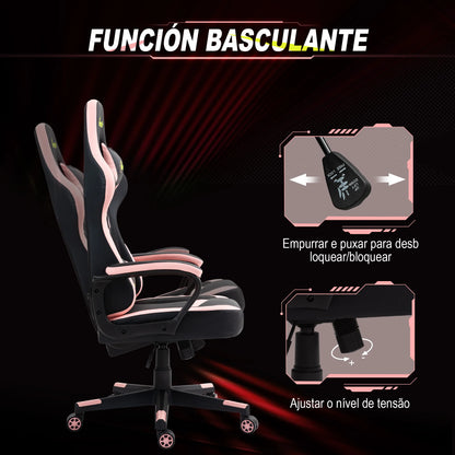 Vinsetto Swing Gaming Chair with Height Adjustable Pink Headrest