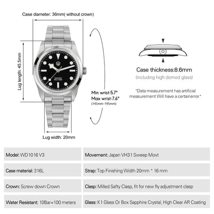 Watchdives WD1016 V3 Watch 37mm VH31 Sweep Quartz Movemet Stainless Steel Watch Waterproof Luminous Sapphire Men Wristwatch