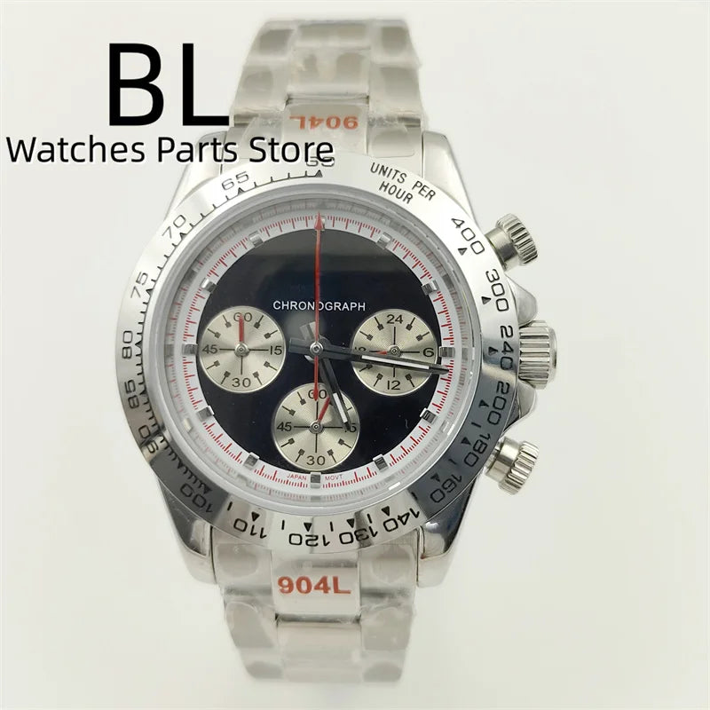 BLIGER 39mm VK63 Men's Quartz Chronograph Watch Ceramic Brown Insert Ice Blue Dial With C3 Luminous Sapphire Crystal Waterproof