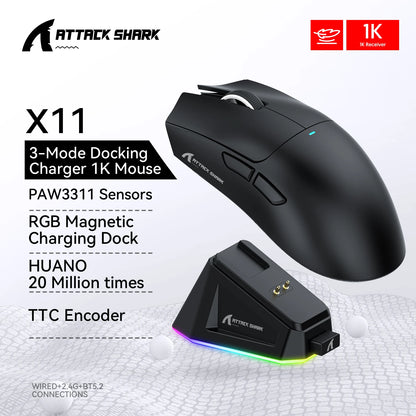 Mouse da gaming ATTACK SHARK X11 e mouse wireless X11 SE 22000 DPI, sensore PAW3311, BT/2.4G/cablato, ultraleggero 59g, 2000W clic