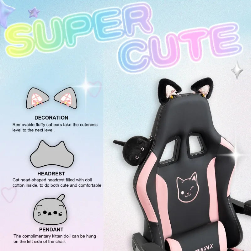 Cuki gamer szék macskafülekkel, lábtartóval, rózsaszín kawaii számítógépes szék, ergonomikus, magas háttámlás gamer ülés macskamancsos deréktámasszal