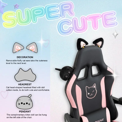 Cuki gamer szék macskafülekkel, lábtartóval, rózsaszín kawaii számítógépes szék, ergonomikus, magas háttámlás gamer ülés macskamancsos deréktámasszal
