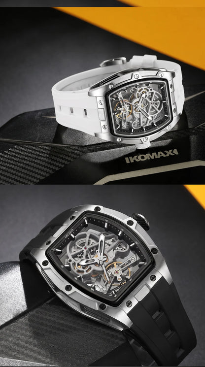 Reloj mecánico para hombre MEGIR, forma de barril, esfera esqueletizada calada, estilo deportivo, correa de silicona, reloj automático de lujo
