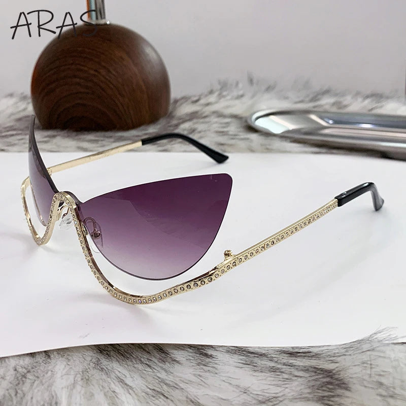 Sexy Cat Eye Rimless Sunglasses Women 2026 Luxury Brand Trendy Rhinestone Sun Glasses Punk Metal Frame Eyewear Outdoor Shades