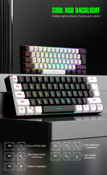 Tastiera meccanica cablata 61 tasti bianca, switch nero e blu, impermeabile, RGB illuminata, kit gaming e ufficio PUBG gamer retroilluminato