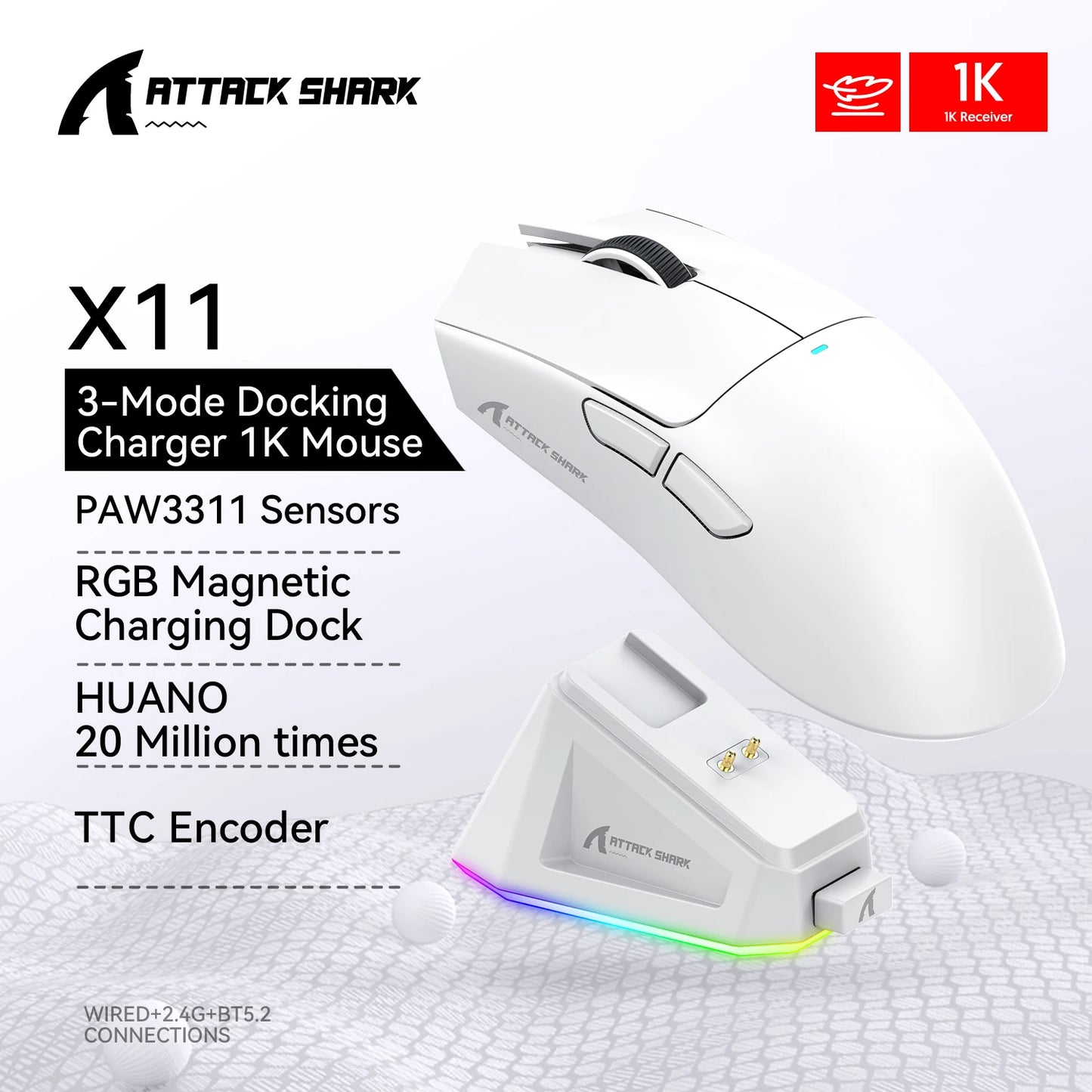 Mouse da gaming ATTACK SHARK X11 e mouse wireless X11 SE 22000 DPI, sensore PAW3311, BT/2.4G/cablato, ultraleggero 59g, 2000W clic