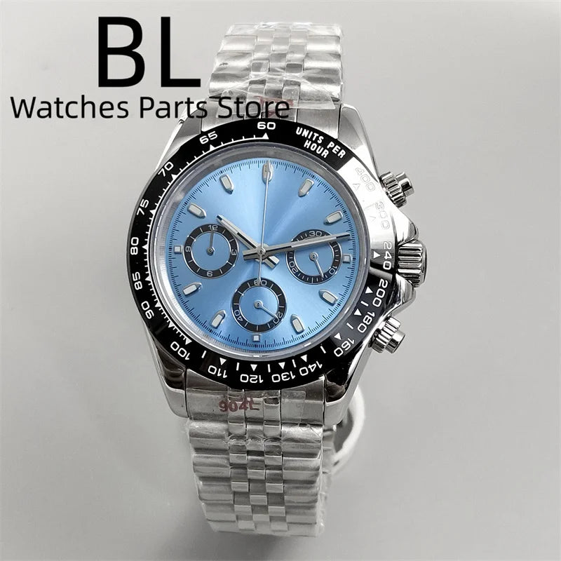 BLIGER 39mm VK63 Men's Quartz Chronograph Watch Ceramic Brown Insert Ice Blue Dial With C3 Luminous Sapphire Crystal Waterproof
