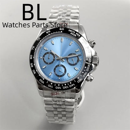 BLIGER 39mm VK63 Men's Quartz Chronograph Watch Ceramic Brown Insert Ice Blue Dial With C3 Luminous Sapphire Crystal Waterproof