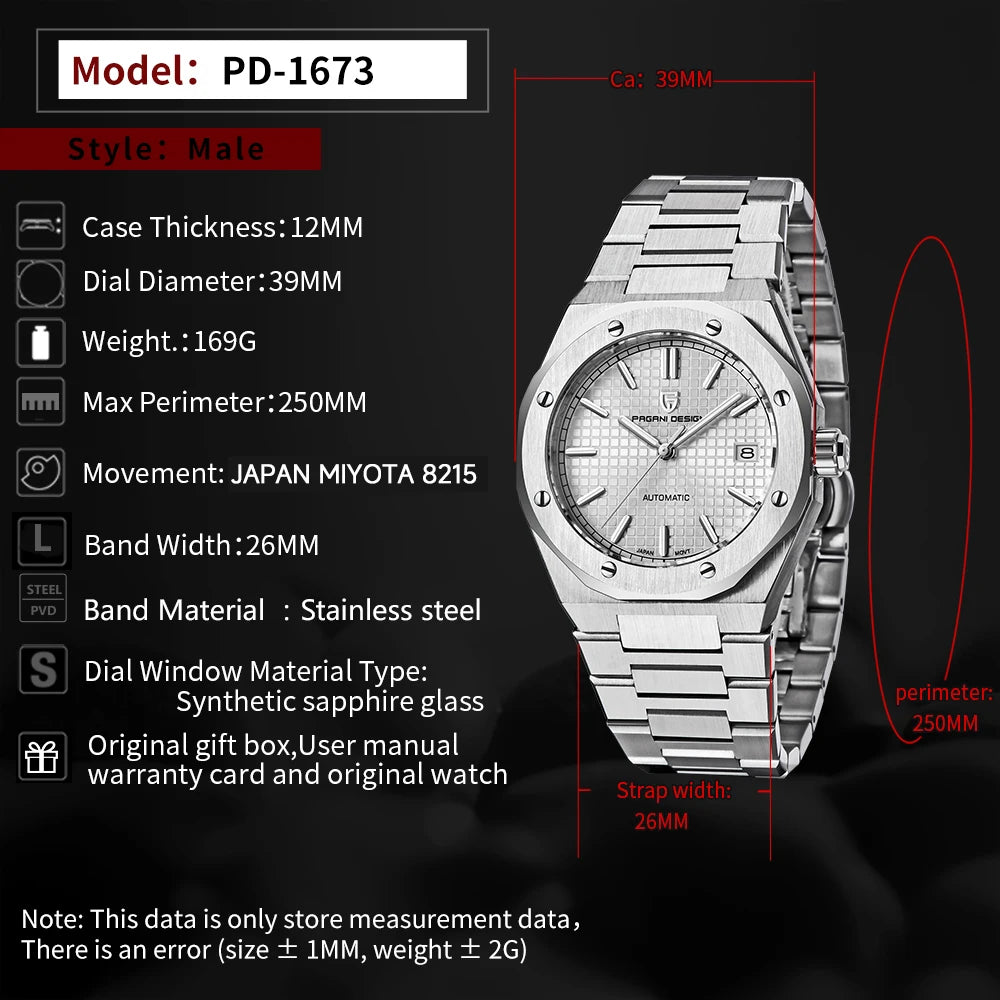 PAGANI DESIGN PD1673 Miyota 8215 Men's Fashion Watch 40MM Sport Automatic Mechanical Stainless Steel 100M Waterproof Watch