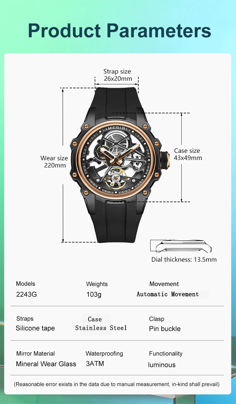 MEGIR Fashion Men's Full Automatic Watches Hollow Out Luminous Sports Mechanical Watch Waterproof Wristwatches Reloj Hombre 2243
