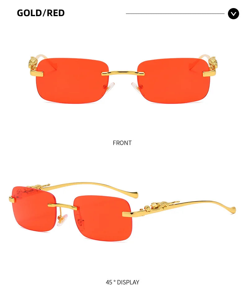 New Rimless Rectangle Vintage Metal Leopard Head Sunglasses Fashion Frameless Tinted Glasses Shades for Women Men