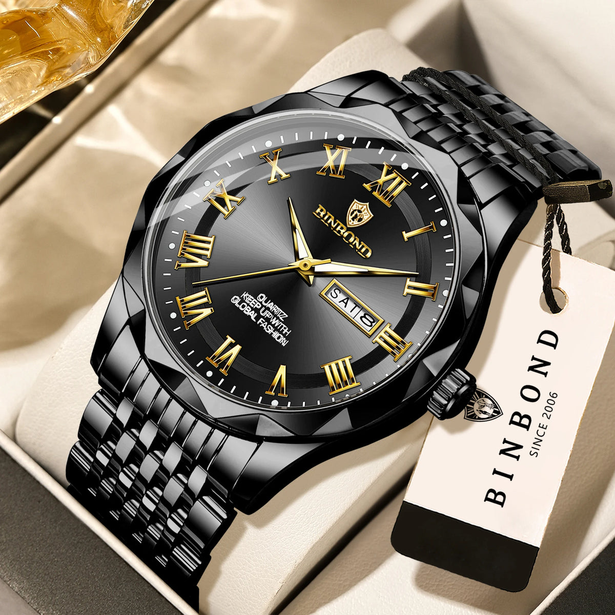 Luxe BINBOND Original Brand quartz-polshorloge voor heren, verlicht, waterdicht, automatische datum, weergave van de weekdag, casual stijl.
