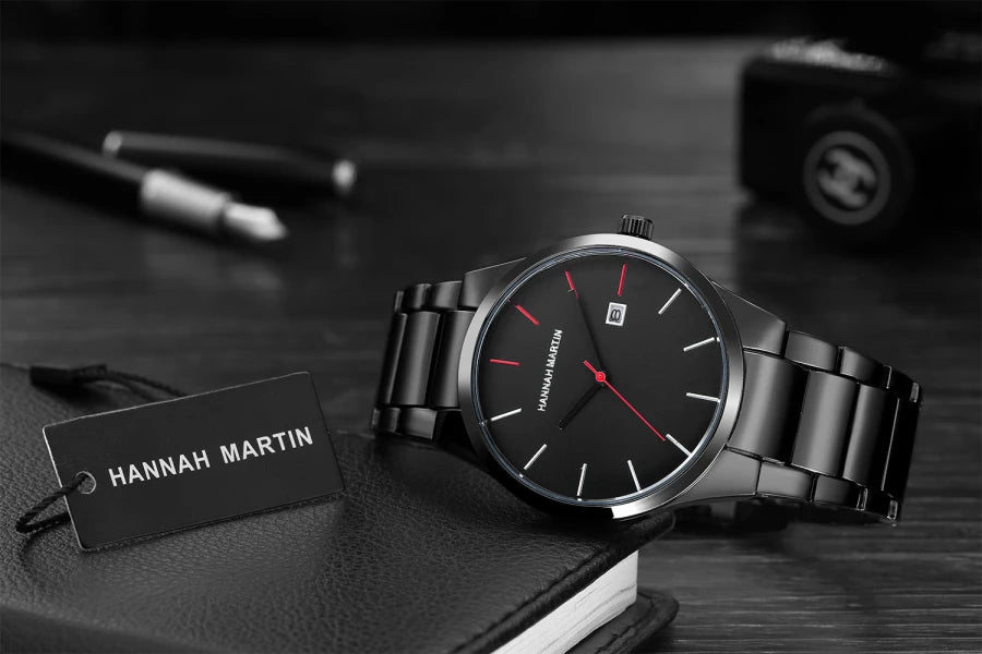 Hannah Martin herenhorloge, roestvrijstalen kast, quartz uurwerk, wijzerplaat van 41 mm, zakelijke stijl, met kalenderweergave (imitatie)