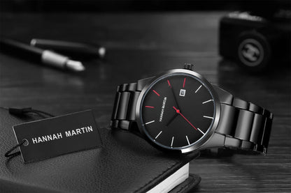 Hannah Martin herenhorloge, roestvrijstalen kast, quartz uurwerk, wijzerplaat van 41 mm, zakelijke stijl, met kalenderweergave (imitatie)