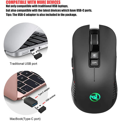 2.4G USB-C bezdrátová myš, dobíjecí herní myš 3600DPI, 7 tlačítek, Type-C, tiché myši pro Macbook, notebook, PC, herní myš k počítači
