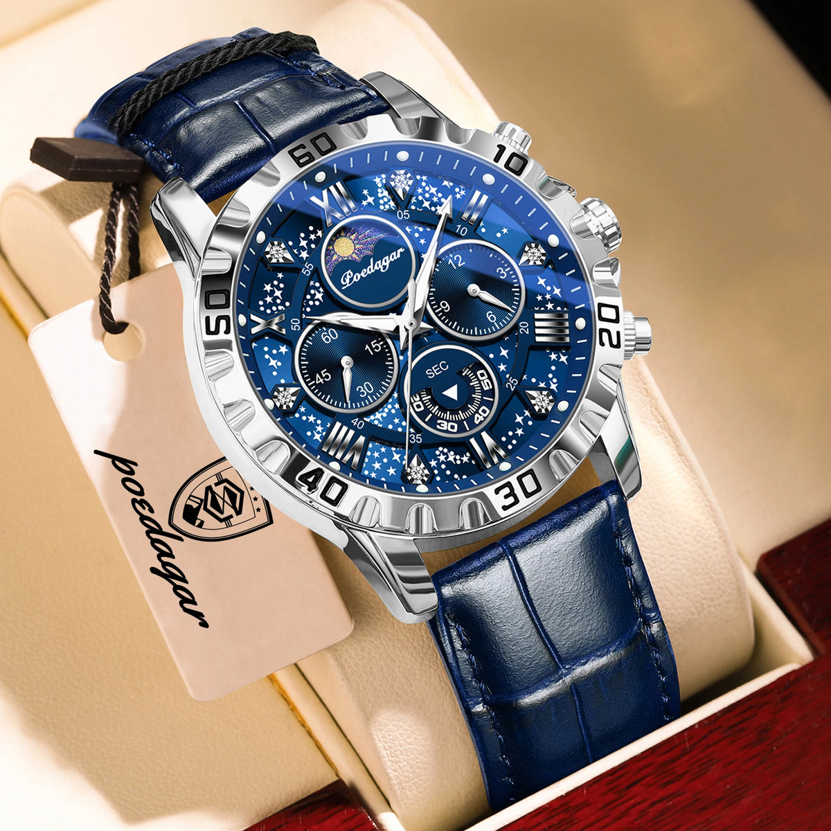 Luxus-Armbanduhr POEDAGAR für Herren – Sportlicher, wasserdichter und leuchtender Chronograph mit Lederarmband, Quarzwerk