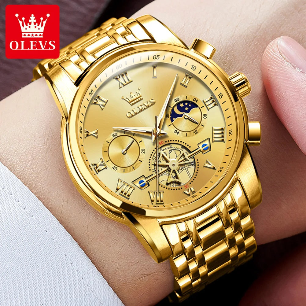 Reloj para hombre OLEVS 2859: modelo clásico y lujoso con números romanos, multifunción, resistente al agua, esfera luminiscente y mecanismo de cuarzo de alta calidad.