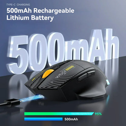 Ποντίκι gaming από ανθρακονήματα 12800DPI, 2.4G ασύρματο, Bluetooth και ενσύρματο, τριπλής λειτουργίας, αθόρυβο κουμπί, προγραμματισμός macro, 500mAh, 7 πλήκτρα