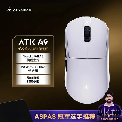 Ratón gaming inalámbrico Bluetooth ATK Dragonfly A9, diseño ergonómico, respuesta rápida, PAW3950 Ultra, 800mAh, ligero, 8KHz, esports