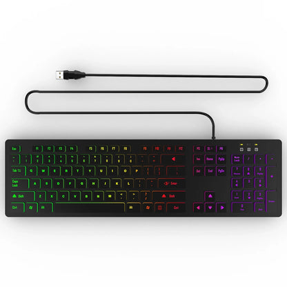 Computer-Gaming-Tastatur mit RGB-Hintergrundbeleuchtung, leise kabelgebundene USB-Tastatur für Büro und Zuhause – Russisch, Französisch, Spanisch, Deutsch, Arabisch, Englisch