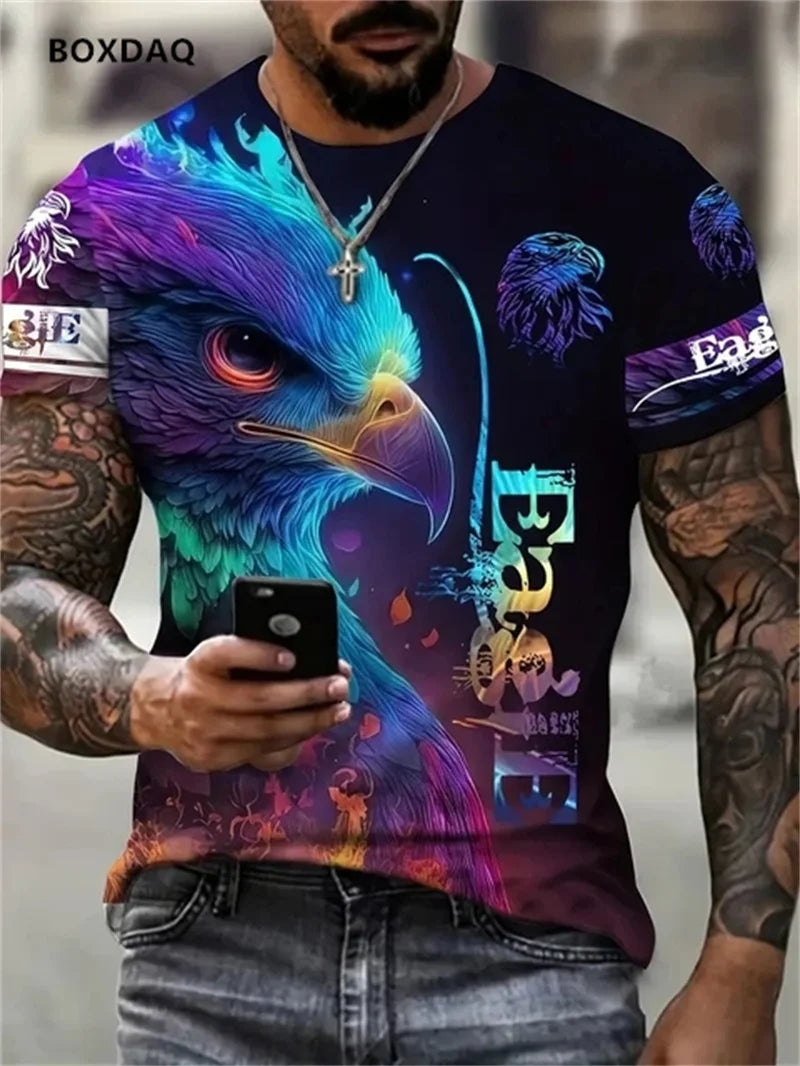 Fashion Eagle Herren-T-Shirts, locker, Rundhalsausschnitt, lässige Oberteile, Kurzarm, 3D-Tierprint, Street-T-Shirt, 6XL Übergröße, atmungsaktives Tee