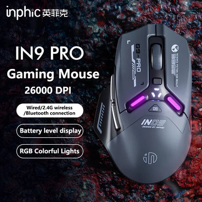 Inphic IN9PRO Wireless Gaming Mouse 26000 DPI Tri-Mode RGB Gaming Mouse, PAW3395 Sensor, Bluetooth 5.0, 2.4G & Wired, 8K Polling Rate Compatible