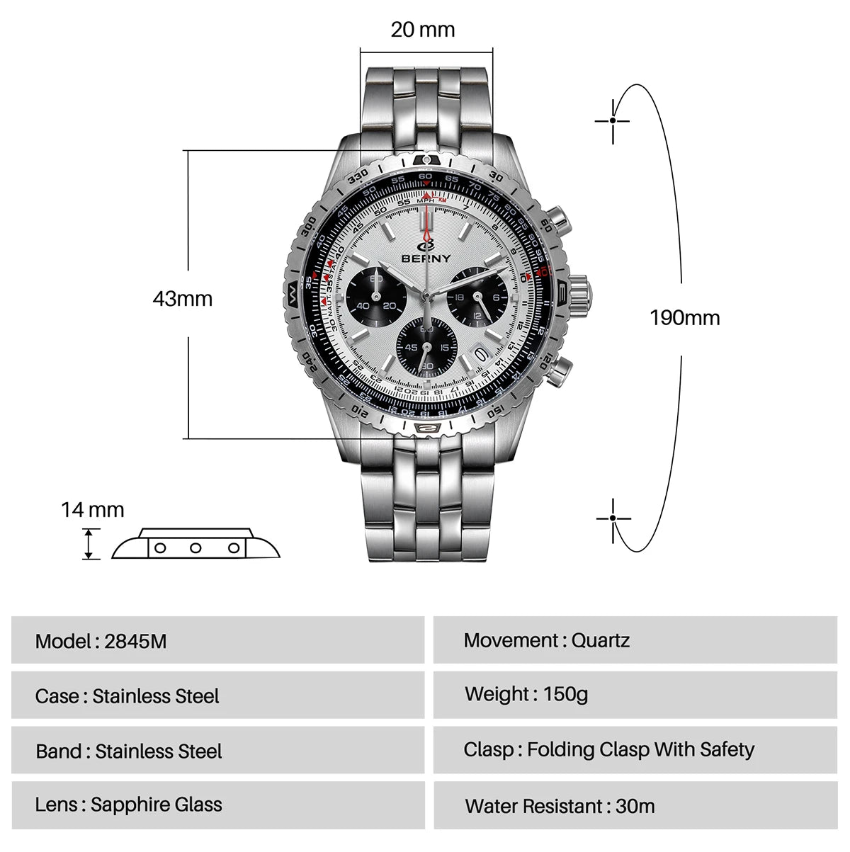 BERNY Chronograph Watches for Men Aviation Multifunction Quartz Men's Watch Date Sapphire Super Luminous Luxury Wristwatch