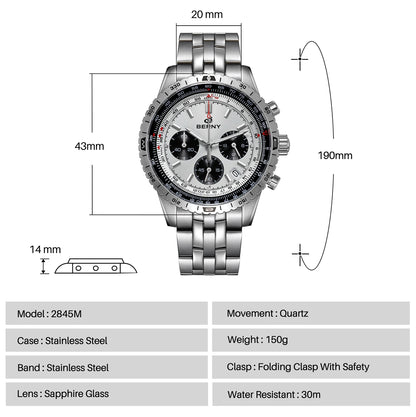 BERNY Chronograph Watches for Men Aviation Multifunction Quartz Men's Watch Date Sapphire Super Luminous Luxury Wristwatch