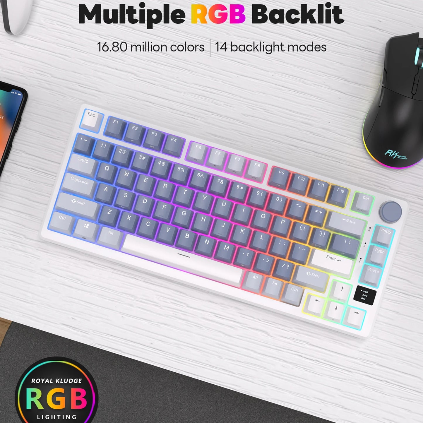 RK ROYAL KLUDGE M75 2.4G Wireless/Bluetooth/USB-C Mechanical Keyboard 81 Keys RGB Hot-Swappable Gasket Gamer Keyboard with Screen