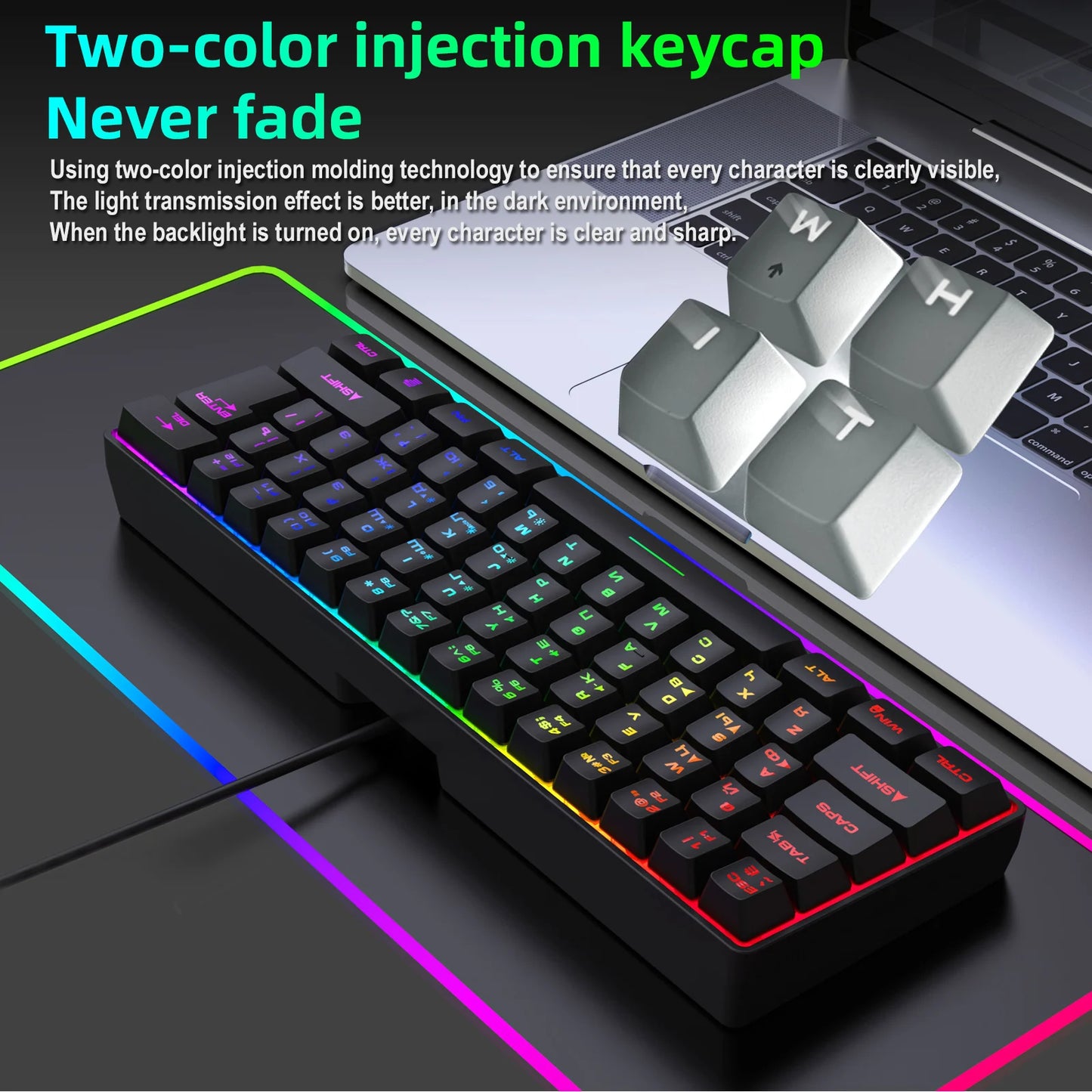 Gaming Keyboard,Russian/English RGB Backlit 61 Key Ultra-Compact Keyboard, Waterproof Mechanical Feeling Office aming Keyboards