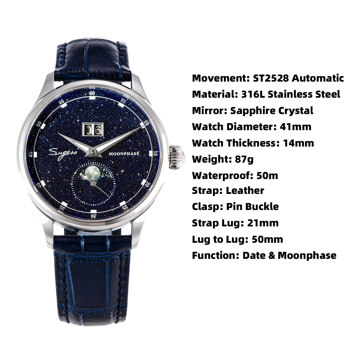 Sugess 2022 Luxury Man Watch Moonphase Blue GoldStone Dial Tianjin 2528 Movement Stainless Steel Starry Sky Limited Edition V3