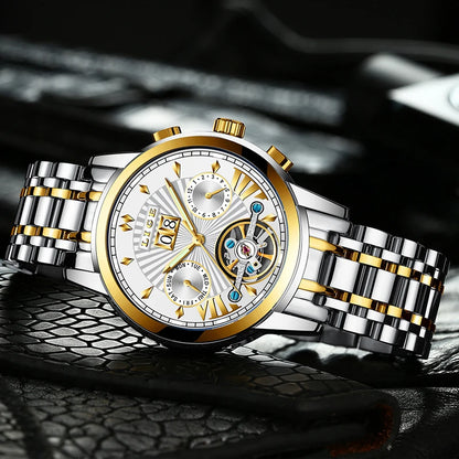 Montres-bracelets mécaniques automatiques pour hommes LIGE – Montre de luxe haut de gamme avec tourbillon, modèle élégant et étanche, idéal pour le travail ou les occasions formelles.