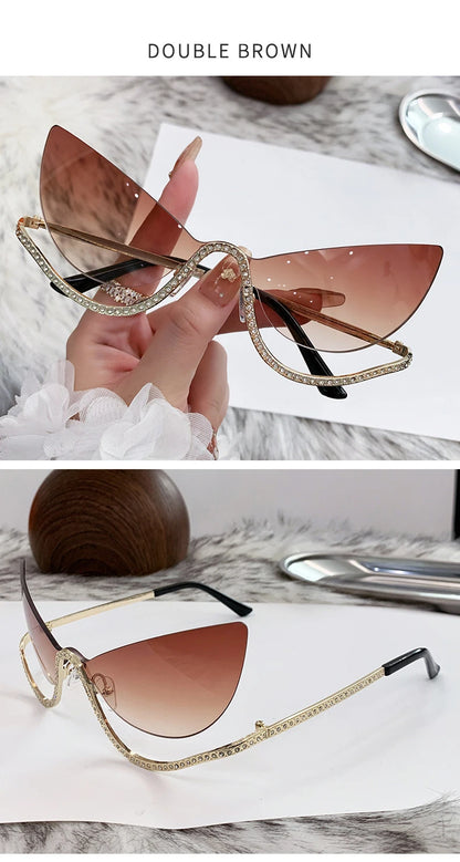 Sexy Cat Eye Rimless Sunglasses Women 2026 Luxury Brand Trendy Rhinestone Sun Glasses Punk Metal Frame Eyewear Outdoor Shades