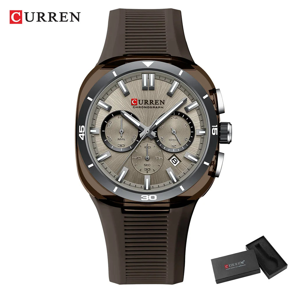 Montre pour homme CURREN – Nouveau modèle de luxe à quartz, bracelet en silicone, style sportif, multifonction, étanche, lumineuse, avec affichage de la date et chronomètre.