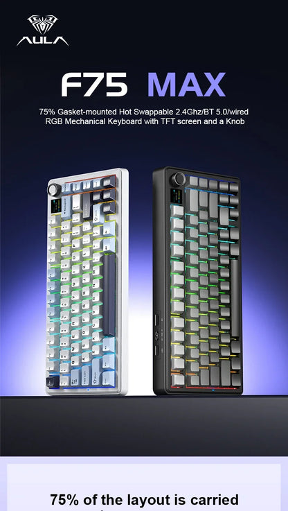 AULA F75 MAX Gaming Mechanical Keyboard 2.4G Wireless/BT/Wired Keyboard Hot-Swap RGB 75% 81 Keys Office Keyboard with TFT Screen